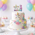 Lumanare Tort Unicorn Cifra 3 My 3rd Birthday Tort aniversar elegant decorat cu trandafiri din crema pastelata si o lumanare tematica unicorn cifra 3 asezata in varf.