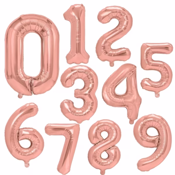 baloane folie cifre rose gold 40 cm Set complet de baloane din folie metalizata in forma de cifre de la 0 la 9, de culoare rose gold, cu dimensiunea de 40 cm, potrivite pentru umflare cu aer.