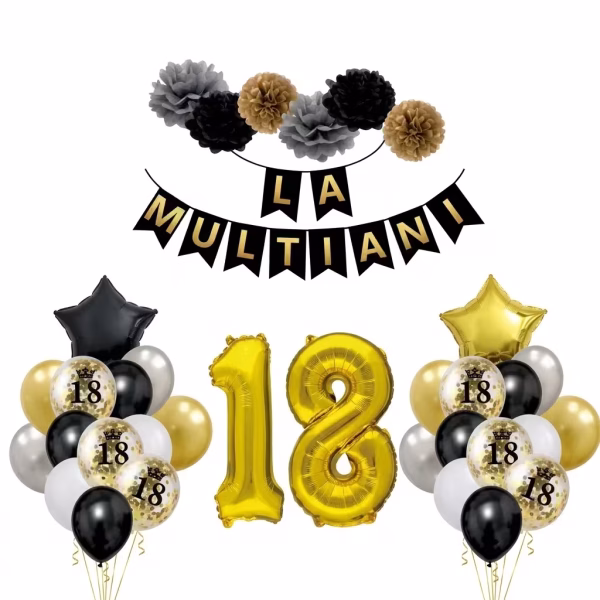 Set complet de petrecere pentru majorat incluzand pompoane in nuante de negru argintiu si auriu, banner La Multi Ani, cifrele 18 din folie aurie si buchete de baloane asortate