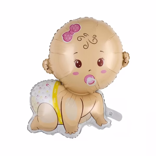 balon folie bebe fetita 75 cm Balon din folie metalizata gigant, dimensiune 75 cm, in forma de bebelus fetita care merge de-a busilea, avand o suzeta roz in gura si o fundita roz pe cap.