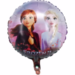 Balon rotund din folie ilustrandu-le pe printesele Anna si Elsa din animatia Frozen II pe un fundal in nuante de mov si roz pastelat cu frunze aramii de toamna si logo-ul Frozen II in partea de jos