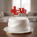 Lumanare rosie cu mesajul LOVE asezata pe un tort alb elegant decorat subtil la baza cu un model dantelat