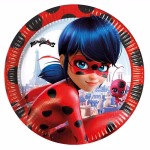 Set de 8 farfurii din carton ilustrând-o pe eroina Ladybug alături de Tikki cu Turnul Eiffel în fundal și o bordură roșie cu buline negre