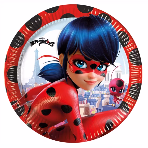 Set de 8 farfurii din carton ilustrând-o pe eroina Ladybug alături de Tikki cu Turnul Eiffel în fundal și o bordură roșie cu buline negre