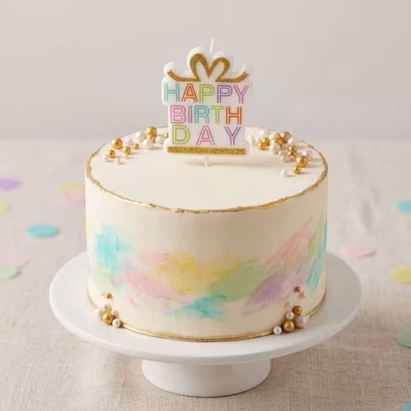 Lumanare Forma Cadou Happy Birthday Lumanare in forma de cadou cu mesajul Happy Birthday asezata pe un tort elegant cu decor in nuante pastelate si perle aurii