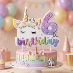 lumanare unicorn cifra 6 Lumanare de tort cu tematica unicorn si cifra 6, aprinsa pe un tort festiv alb decorat cu stelute, inimioare si norisori din martipan, inconjurat de baloane pastelate.