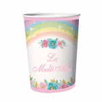 set 8 pahare curcubeu 200 ml Set de 8 pahare din carton pentru petrecere, capacitate 200 ml. Design pastelat cu un curcubeu in partea superioara, flori in nuante de roz si turcoaz, detalii aurii si mesajul La Multi Ani scris cu roz.