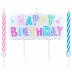 Set format dintr-o lumanare tip norisor cu mesajul Happy Birthday in culori pastelate si doua lumanari spirala in nuante de roz si bleu