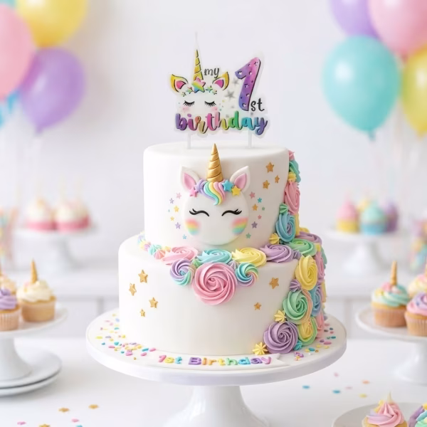 Lumanare Tort Unicorn Cifra 1 My 1st Birthday Tort aniversar elegant decorat cu trandafiri din crema pastelata si o lumanare tematica unicorn cifra 1 asezata in varf.