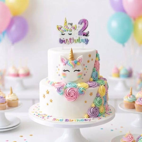 Lumanare Tort Unicorn Cifra 2 My 2nd Birthday Tort aniversar elegant decorat cu trandafiri din crema pastelata si o lumanare tematica unicorn cifra 2 asezata in varf.