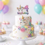 Lumanare Tort Unicorn Cifra 4 My 4th Birthday Tort aniversar elegant decorat cu trandafiri din crema pastelata si o lumanare tematica unicorn cifra 4 asezata in varf.
