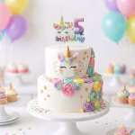 Lumanare Tort Unicorn Cifra 5 My 5th Birthday Tort aniversar elegant decorat cu trandafiri din crema pastelata si o lumanare tematica unicorn cifra 5 asezata in varf.