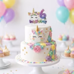 Lumanare Unicorn Cifra 6 Tort aniversar elegant decorat cu trandafiri din crema pastelata si o lumanare tematica unicorn cifra 6 asezata in varf.