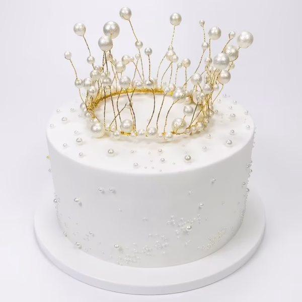 Coronita Tort Metal si Perle Auriu si Alb 13 cm coronita tort metal si perle auriu alb decoratiuni petrecere nunta botez diadema printesa topper 3d
