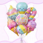 Set 7 Baloane Folie Acadele si Inghetata, Mix Dulciuri Happy Birthday Set de 7 baloane din folie de aluminiu in forma de dulciuri, incluzand inghetate, o briosa, o acadea si o bomboana, in culori pastelate.
