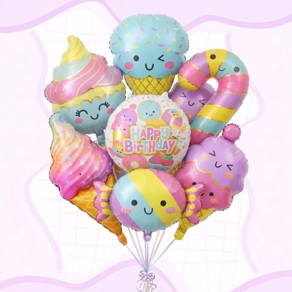 Set 7 Baloane Folie Acadele si Inghetata, Mix Dulciuri Happy Birthday Set de 7 baloane din folie de aluminiu in forma de dulciuri, incluzand inghetate, o briosa, o acadea si o bomboana, in culori pastelate.