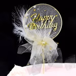 Topper Tort Happy Birthday Alb si Auriu cu Tull si Pana 26 cm topper tort happy birthday alb auriu tull funda pana decoratiuni petrecere eleganta femei boho glam romantic