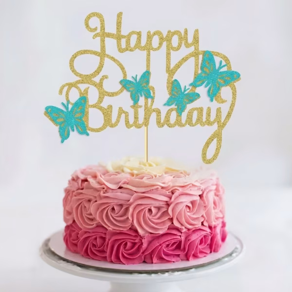 Topper Tort Happy Birthday Carton Auriu Sclipici si Fluturi Turcoaz 17 cm topper tort happy birthday carton auriu sclipici fluturi turcoaz decoratiuni petrecere fete femei primavara elegant