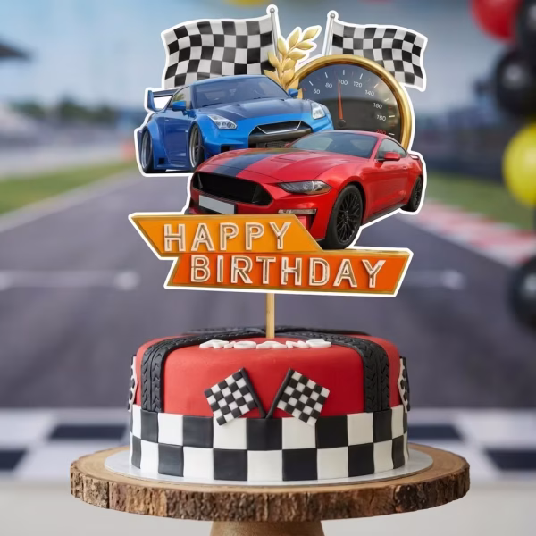 Topper Tort Masini de Curse Happy Birthday 13 cm topper tort masini de curse happy birthday baieti racing auto steaguri vitezometru rosu albastru decoratiuni petrecere