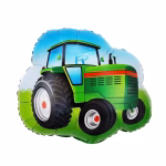 Balon din folie cu margini ondulate ilustrand un tractor verde masiv cu detalii rosii roti negre mari pe un fundal de camp cu iarba verde si cer senin albastru