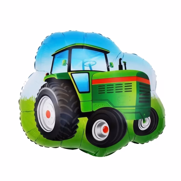 Balon din folie cu margini ondulate ilustrand un tractor verde masiv cu detalii rosii roti negre mari pe un fundal de camp cu iarba verde si cer senin albastru