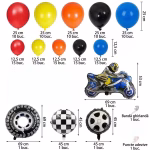 Detaliere a pieselor incluse in setul ghirlanda prezentand baloanele din latex colorate si figurinele din folie alaturi de accesorii
