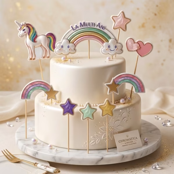 Set 9 toppere tort carton multicolor unicorn curcubeu Decoratiune tort formata din set 9 toppere tort carton multicolor unicorn curcubeu pentru petrecere fetite