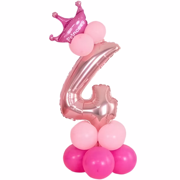 Set baloane aniversare format din cifra 4 rose gold, coronita roz si suport din baloane latex asortate.