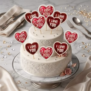 Set 10 toppere carton inima rosie I love you, 13 cm Decoratiune romantica pe un tort formata din set 10 toppere carton inima rosie i love you