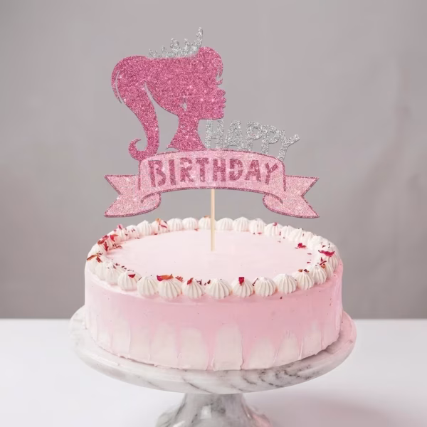 Topper Tort Happy Birthday Barbie Roz si Argintiu 16 cm topper tort happy birthday barbie roz argintiu sclipici carton decoratiuni petrecere fete glamour printesa