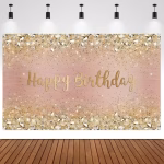 background textil happy birthday rose gold Background textil pentru panou foto aniversar, nuanta rose gold in degrade cu detalii stralucitoare tip sclipici si diamante, avand textul central Happy Birthday.