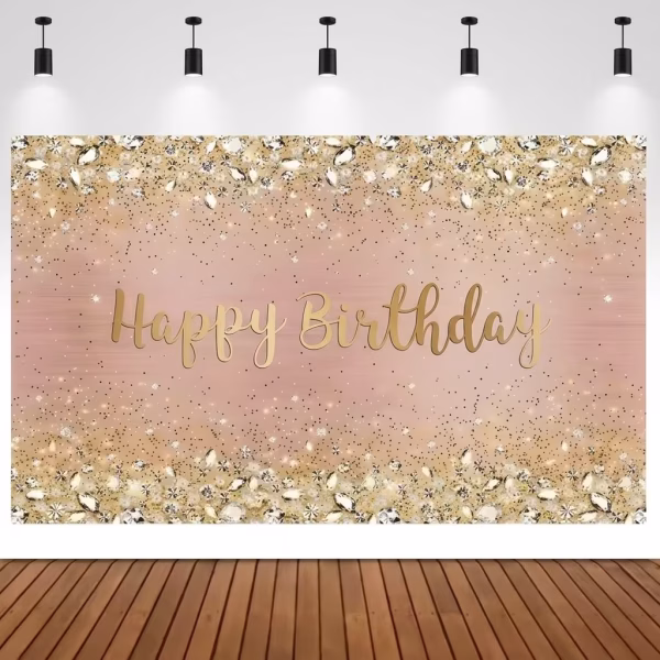 background textil happy birthday rose gold Background textil pentru panou foto aniversar, nuanta rose gold in degrade cu detalii stralucitoare tip sclipici si diamante, avand textul central Happy Birthday.