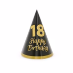 Coif de petrecere in forma de con de culoare neagra prevazut cu o banda aurie la baza, decorat central cu numarul 18 si textul cursiv Happy Birthday