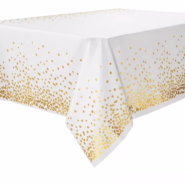 fata de masa alba cu confetti aurii Fata de masa pentru petrecere, dimensiune 137x183 cm, material din folie de plastic alba. Design elegant cu imprimeu tip confetti aurii, concentrat in partea de jos a marginilor, oferind un aspect festiv.