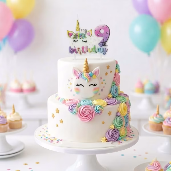 Lumanare Tort Unicorn Cifra 9 My 9th Birthday Tort aniversar decorat cu trandafiri din crema si o lumanare tematica unicorn cifra 9 asezata in varf.