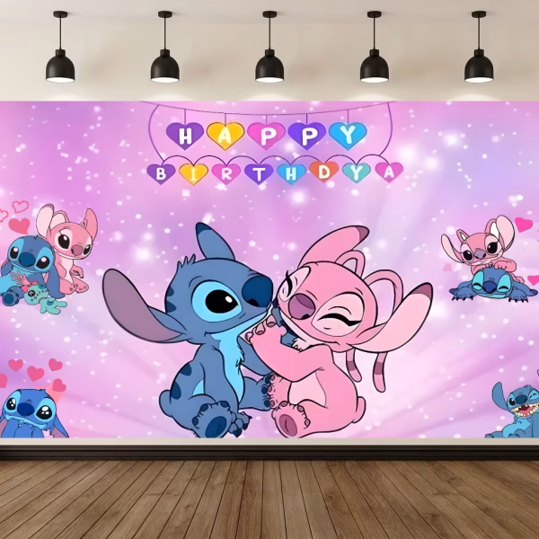 Mockup cu un background textil pentru panou foto cu tematica Stitch si Angel ilustrand personajele asezate impreuna pe un fundal lila cu inimi si un banner colorat cu mesajul Happy Birthday.