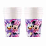 Pahare din carton cu imprimeu Minnie Mouse si Daisy Duck zambind impreuna pe un fundal mov deschis cu accente roz si o margine superioara alba