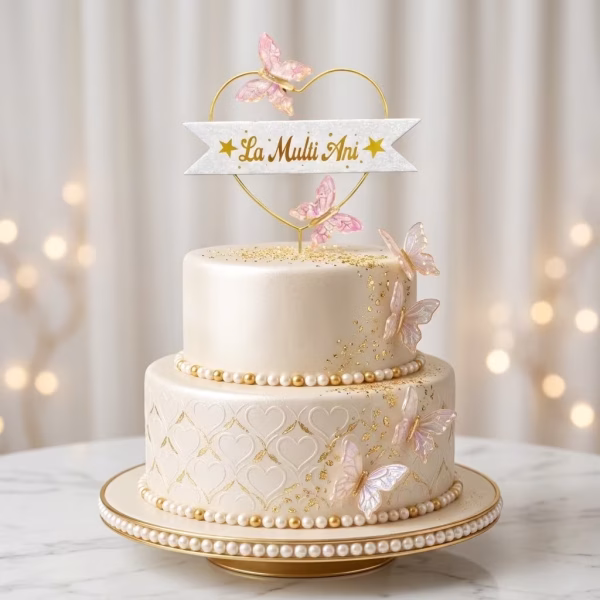 topper tort la multi ani fluturi topper tort la multi ani inima metal auriu fluturi roz 3d decoratiuni petrecere fete tort etajat alb perle aurii sclipici aniversare botez