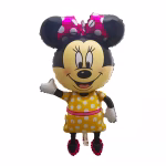 Balon din folie figurina Minnie Mouse purtand o funda roz cu buline albe rochita galbena cu buline albe manusi albe si pantofi roz