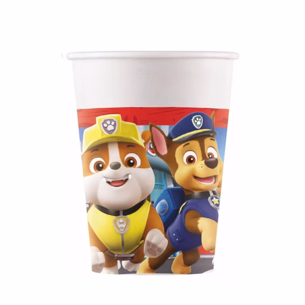 set 8 pahare party patrula catelusilor Set de 8 pahare din carton pentru petreceri de copii, capacitate 200ml, ilustrand personajele Chase si Rubble in misiune de salvare, produs sub licenta oficiala de marca Procos.
