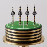 Lumanari inalte cu mingi de fotbal asezate pe un tort decorat ca un teren de sport verde cu margini in dungi negru si auriu