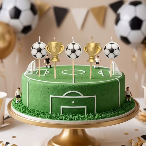 Set 5 Lumanari Tort Fotbal Mingi Si Cupe Aurii Lumanari in forma de mingi si cupe aurii asezate pe un tort verde decorat ca un teren de fotbal cu porti si mici jucatori
