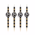 Set 4 Lumanari Tort Fotbal Negru Si Auriu 14 cm Set de patru lumanari inalte pentru tort in dungi negru cu auriu decorate central cu o minge de fotbal asortata