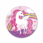 set 8 farfurii carton 23 cm unicorn rainbow procos Set de 8 farfurii mari din carton pentru petrecere, dimensiune 23 cm, marca Procos. Design magic pe fundal roz ilustrand un unicorn inaripat cu coama roz, alaturi de un curcubeu, norisori si fluturasi.