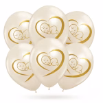 Set 6 baloane latex albe cu imprimeu auriu bebelus, 30 cm Buchet festiv format din set 6 baloane latex albe cu imprimeu auriu bebelus pentru decor botez
