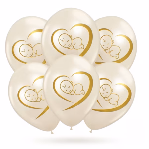 Set 6 baloane latex albe cu imprimeu auriu bebelus, 30 cm Buchet festiv format din set 6 baloane latex albe cu imprimeu auriu bebelus pentru decor botez