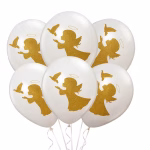 Set 6 baloane latex albe cu imprimeu auriu ingeras, 30 cm Buchet festiv format din set 6 baloane latex albe cu imprimeu auriu ingeras pentru decor botez