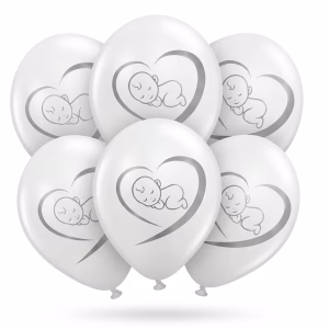 Set 6 baloane latex albe cu imprimeu bebelus argintiu 30 cm Buchet festiv format din set 6 baloane latex albe cu imprimeu bebelus argintiu 30 cm pentru decor botez