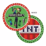 Farfurii din carton cu design mixt Minecraft ilustrand personajele principale pe fundal verde si celebrul bloc TNT pe fundal rosu incadrate de margini pixelate