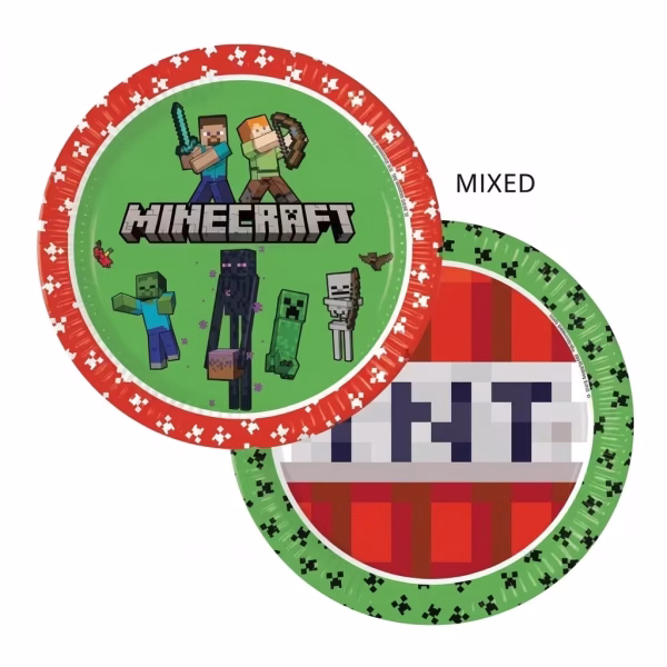 Farfurii din carton cu design mixt Minecraft ilustrand personajele principale pe fundal verde si celebrul bloc TNT pe fundal rosu incadrate de margini pixelate